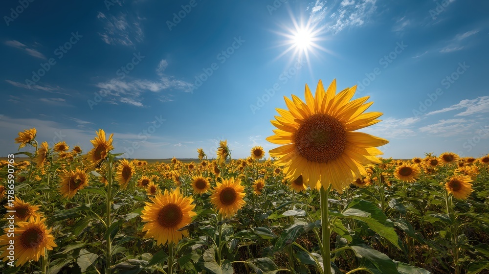 Fototapeta premium Bright sunflower field under blue sky, summer landscape
