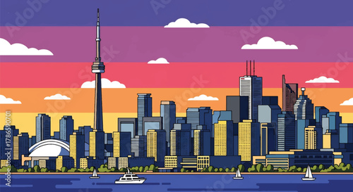 Flat vector skyline of Toronto showing slim central tower and waterfront building blocks. Solid clean colors, no gradients. Perfect for travel banners and editorial design
