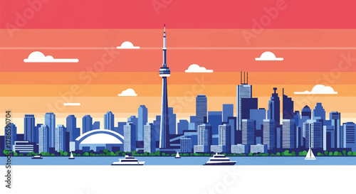 Flat vector skyline of Toronto showing slim central tower and waterfront building blocks. Solid clean colors, no gradients. Perfect for travel banners and editorial design