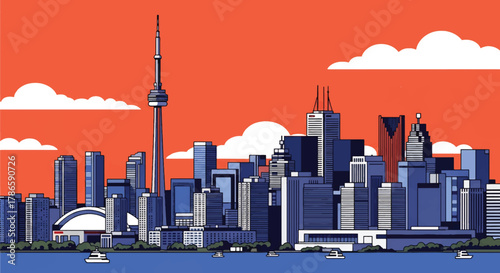 Flat vector skyline of Toronto showing slim central tower and waterfront building blocks. Solid clean colors, no gradients. Perfect for travel banners and editorial design