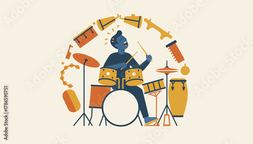 A drummer lost in the beat surrounded by an array of percussion instruments with his foot tapping along to the rhythm.