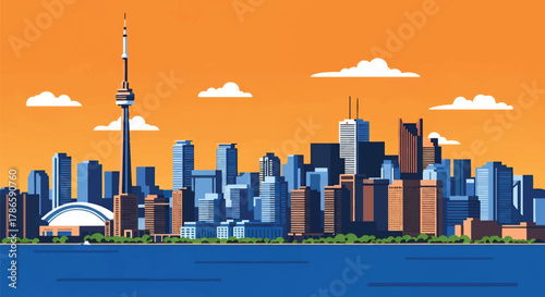 Flat vector skyline of Toronto showing slim central tower and waterfront building blocks. Solid clean colors, no gradients. Perfect for travel banners and editorial design