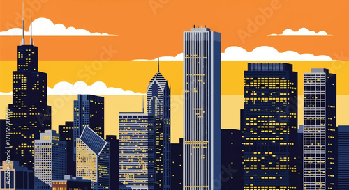 Flat vector skyline of Chicago emphasizing strong rectangular skyscrapers with sharp vertical structure. Solid bold palette, no gradients. Designed for travel, tech, and editorial use