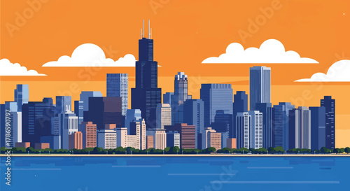 Flat vector skyline of Chicago emphasizing strong rectangular skyscrapers with sharp vertical structure. Solid bold palette, no gradients. Designed for travel, tech, and editorial use