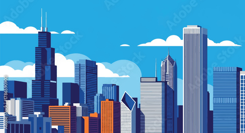Flat vector skyline of Chicago emphasizing strong rectangular skyscrapers with sharp vertical structure. Solid bold palette, no gradients. Designed for travel, tech, and editorial use