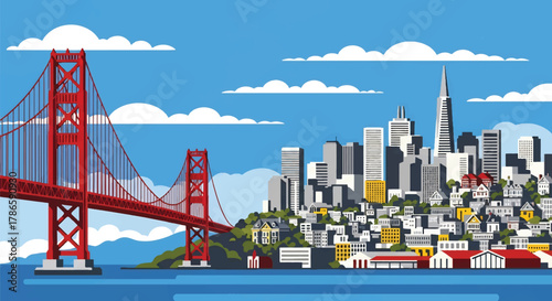Flat vector skyline of San Francisco featuring suspension bridge and sloped city blocks. Solid clean colors, no gradients. Ideal for tech branding and travel graphics