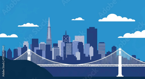Flat vector skyline of San Francisco featuring suspension bridge and sloped city blocks. Solid clean colors, no gradients. Ideal for tech branding and travel graphics