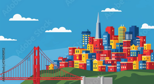 Flat vector skyline of San Francisco featuring suspension bridge and sloped city blocks. Solid clean colors, no gradients. Ideal for tech branding and travel graphics