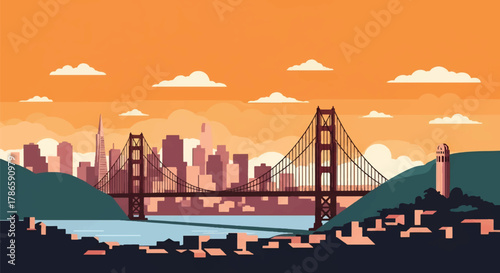 Flat vector skyline of San Francisco featuring suspension bridge and sloped city blocks. Solid clean colors, no gradients. Ideal for tech branding and travel graphics