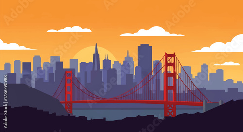 Flat vector skyline of San Francisco featuring suspension bridge and sloped city blocks. Solid clean colors, no gradients. Ideal for tech branding and travel graphics