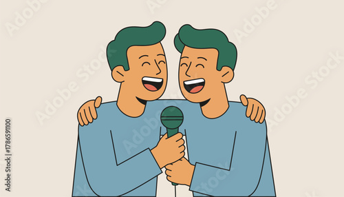 An intimate scene of two friends sharing a microphone during a duet their faces filled with laughter as they harmonize.