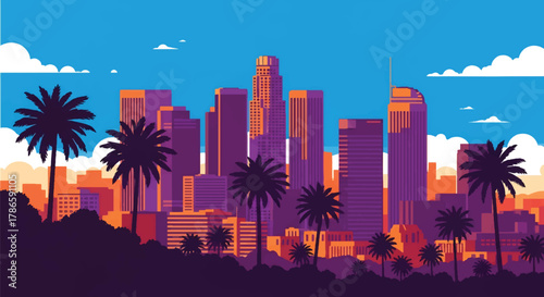 Flat vector skyline of Los Angeles with palm trees and horizontal tower blocks. Solid color shapes, clean minimal design, no gradients. Ideal for lifestyle and travel themes