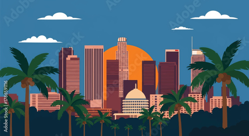 Flat vector skyline of Los Angeles with palm trees and horizontal tower blocks. Solid color shapes, clean minimal design, no gradients. Ideal for lifestyle and travel themes