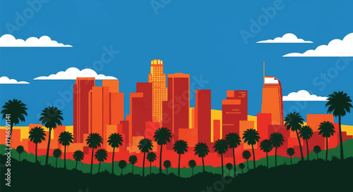 Flat vector skyline of Los Angeles with palm trees and horizontal tower blocks. Solid color shapes, clean minimal design, no gradients. Ideal for lifestyle and travel themes