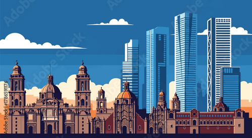 Flat vector skyline of Mexico City combining cathedral dome silhouettes with modern towers. Solid strong colors, no gradients. Perfect for cultural travel graphics and editorial layouts