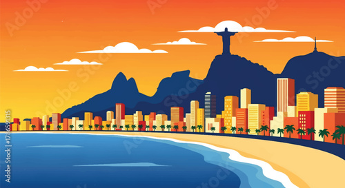 Flat vector skyline of Rio de Janeiro with mountain ridge and iconic hill statue silhouette. Solid tropical tones, no gradients. Ideal for travel campaigns and editorial design
