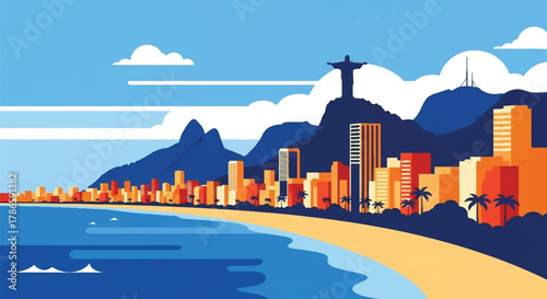 Flat vector skyline of Rio de Janeiro with mountain ridge and iconic hill statue silhouette. Solid tropical tones, no gradients. Ideal for travel campaigns and editorial design
