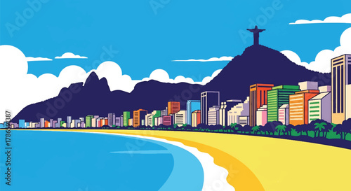 Flat vector skyline of Rio de Janeiro with mountain ridge and iconic hill statue silhouette. Solid tropical tones, no gradients. Ideal for travel campaigns and editorial design