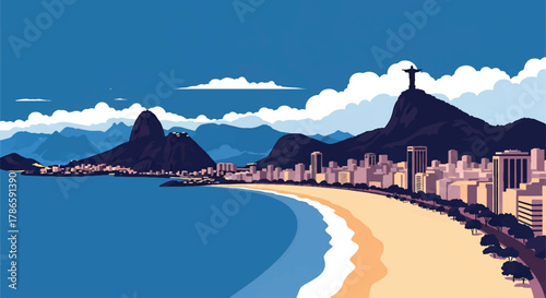 Flat vector skyline of Rio de Janeiro with mountain ridge and iconic hill statue silhouette. Solid tropical tones, no gradients. Ideal for travel campaigns and editorial design