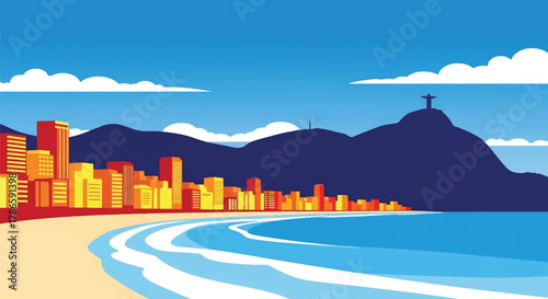 Flat vector skyline of Rio de Janeiro with mountain ridge and iconic hill statue silhouette. Solid tropical tones, no gradients. Ideal for travel campaigns and editorial design