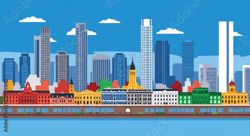 Flat vector skyline of Buenos Aires featuring colorful low-rise architecture and riverfront shape. Solid pastel tones, no gradients. Great for travel branding and editorial use