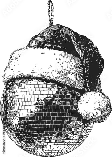Disco ball sketch with Santa hat, hand drawn festive holiday party decor — stock vector