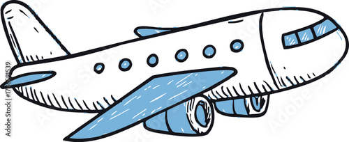 Airplane sketch hand drawn passenger jet with blue accents and detailed windows — stock vector