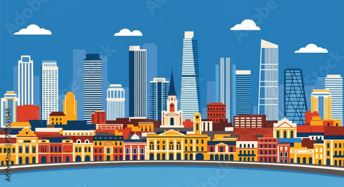 Flat vector skyline of Buenos Aires featuring colorful low-rise architecture and riverfront shape. Solid pastel tones, no gradients. Great for travel branding and editorial use