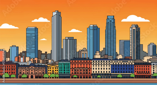 Flat vector skyline of Buenos Aires featuring colorful low-rise architecture and riverfront shape. Solid pastel tones, no gradients. Great for travel branding and editorial use