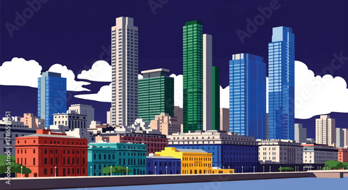Flat vector skyline of Buenos Aires featuring colorful low-rise architecture and riverfront shape. Solid pastel tones, no gradients. Great for travel branding and editorial use