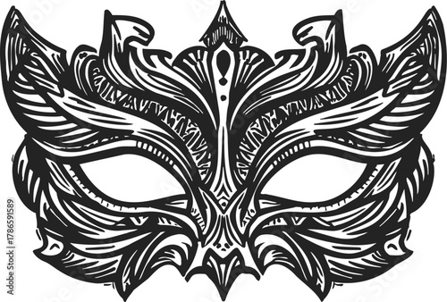 Ornate masquerade mask sketch, hand drawn with intricate filigree and dramatic pointed edges — stock vector