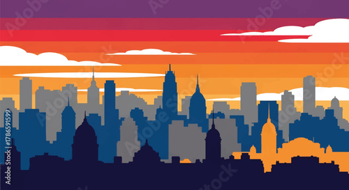 Flat vector skyline of Buenos Aires featuring colorful low-rise architecture and riverfront shape. Solid pastel tones, no gradients. Great for travel branding and editorial use