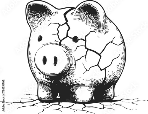 Piggy bank sketch, hand drawn, cracked and broken on ground — stock vector