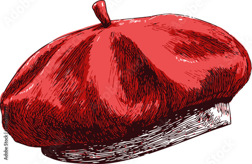 Red beret sketch, hand drawn style, detailed textured shading — stock vector