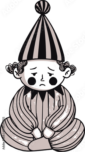 Sad clown sketch hand drawn style sitting with downcast expression — stock vector