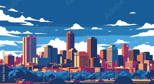 Flat vector skyline of Johannesburg with communication tower and clustered modern buildings. Solid warm colors, no gradients. Ideal for business and travel visuals