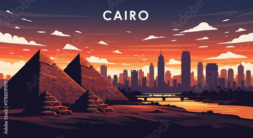 Flat vector skyline of Cairo with triangular pyramids near modern city towers. Solid warm desert palette, no gradients. Ideal for travel and educational visuals