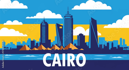 Flat vector skyline of Cairo with triangular pyramids near modern city towers. Solid warm desert palette, no gradients. Ideal for travel and educational visuals