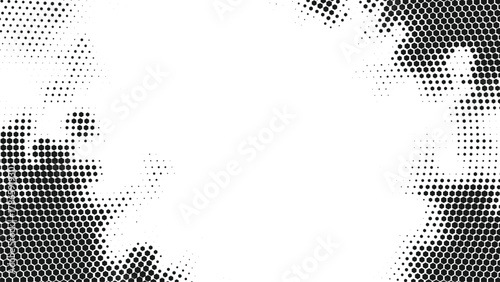 Halftone gradient frame with scattered black dots forming an abstract irregular border around bright white center space, modern comic style dotted texture background ideal for posters banners and grap