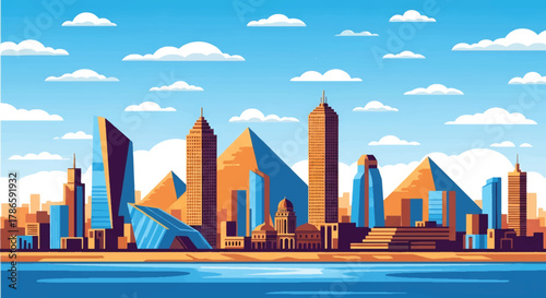Flat vector skyline of Cairo with triangular pyramids near modern city towers. Solid warm desert palette, no gradients. Ideal for travel and educational visuals