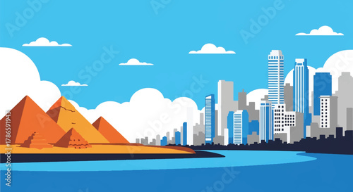 Flat vector skyline of Cairo with triangular pyramids near modern city towers. Solid warm desert palette, no gradients. Ideal for travel and educational visuals