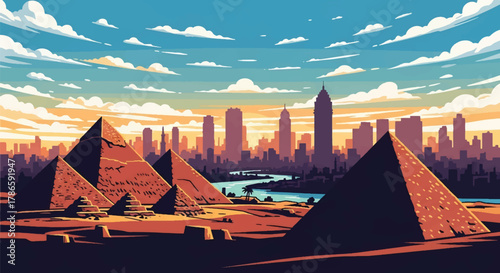 Flat vector skyline of Cairo with triangular pyramids near modern city towers. Solid warm desert palette, no gradients. Ideal for travel and educational visuals