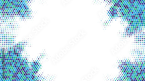 Colorful halftone dot explosion border in blue and teal tones creating a dynamic abstract frame with white space center, modern graphic background ideal for social media banners posters cards and cove