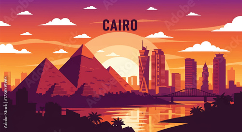 Flat vector skyline of Cairo with triangular pyramids near modern city towers. Solid warm desert palette, no gradients. Ideal for travel and educational visuals