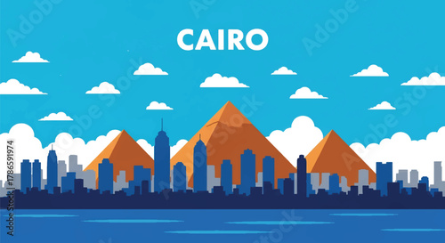 Flat vector skyline of Cairo with triangular pyramids near modern city towers. Solid warm desert palette, no gradients. Ideal for travel and educational visuals