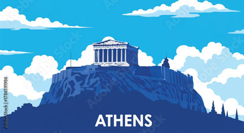 Flat vector skyline of Athens featuring rectangular hilltop ruins. Solid pastel palette, no gradients. Ideal for travel, history content, and educational graphics