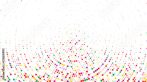 Multicolor halftone dot wave pattern forming smooth upward radial gradient transition, abstract festive background ideal for celebration posters party designs invitations and decorative digital compos