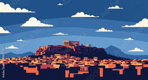 Flat vector skyline of Athens featuring rectangular hilltop ruins. Solid pastel palette, no gradients. Ideal for travel, history content, and educational graphics