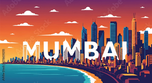 Flat vector skyline of Mumbai showing dense coastal skyscrapers. Solid strong colors, no gradients. Ideal for travel posters, business, and editorial illustration