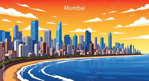 Flat vector skyline of Mumbai showing dense coastal skyscrapers. Solid strong colors, no gradients. Ideal for travel posters, business, and editorial illustration